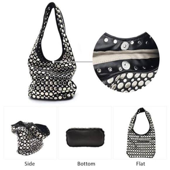 Y2K Hobo Shoulder Bag Punk Studded Top Handle Bag for Women Tote Handbag Black - Picture 4 of 7